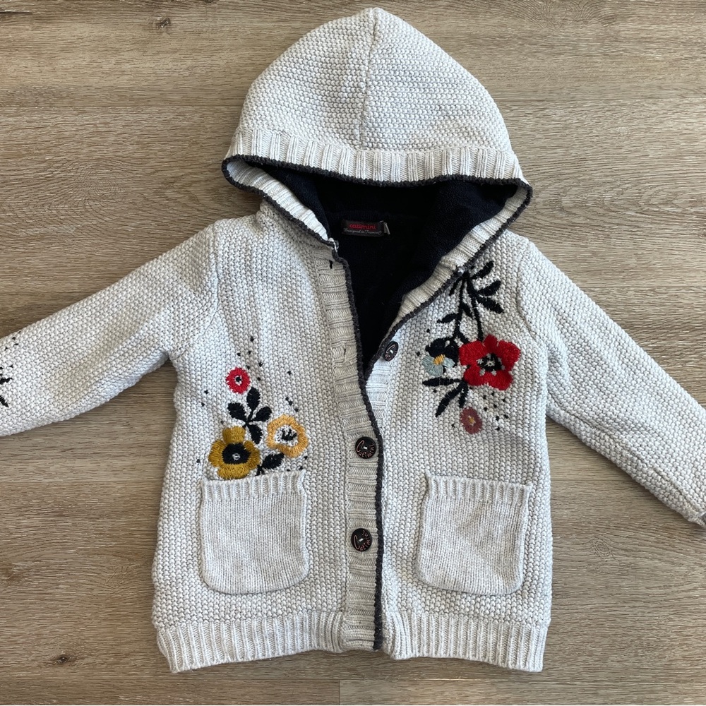 Catimini Floral Knit Hooded Cardigan 4T Grey